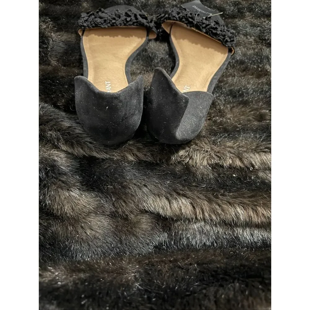 Lane Bryant Black Open-Front Flat Sandals with Fringed Strap